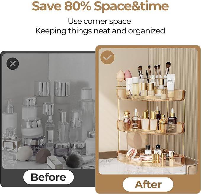 FELIZHOUSE 2-Tier Makeup Organizer for Vanity & Bathroom Countertop – Acrylic Storage Shelf with Perfume Tray & Makeup Brush Holder, Tool-Free Installation, Design for Bathroom & Dresser - Amber