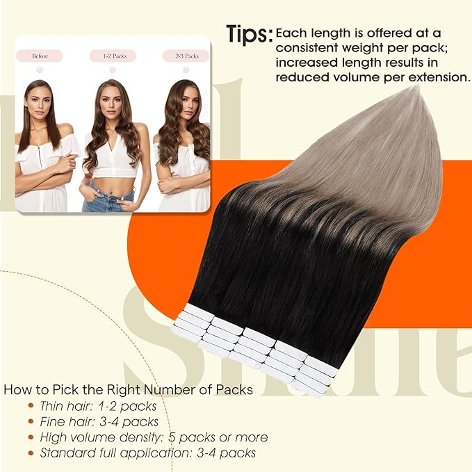 Full Shine Balayage Tape in Hair Extensions Real Human Hair Color 1B Off Black Ombre 18 Ash Blonde Seamless Skin Weft Tape ins Human Hair Extensions 18Inch Remy Hair 50G 20Pcs Straight for Women