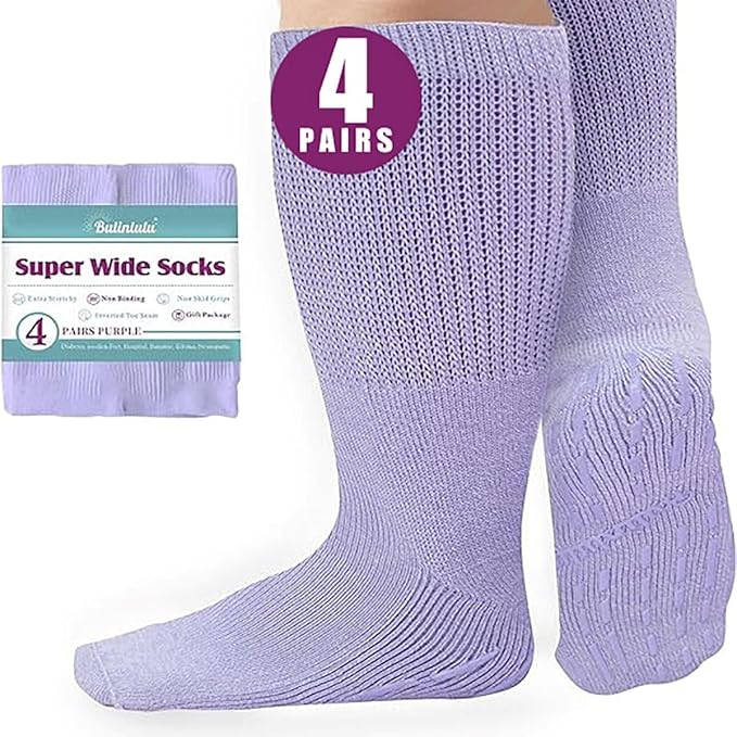 Bulinlulu Extra Width Socks for Swollen Feet-4 Pairs Hospital Grip Socks,Bariatric Socks,Diabetic Socks for Women Men 13-15