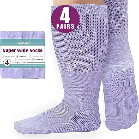 Bulinlulu Extra Width Socks for Swollen Feet-4 Pairs Hospital Grip Socks,Bariatric Socks,Diabetic Socks for Women Men 13-15