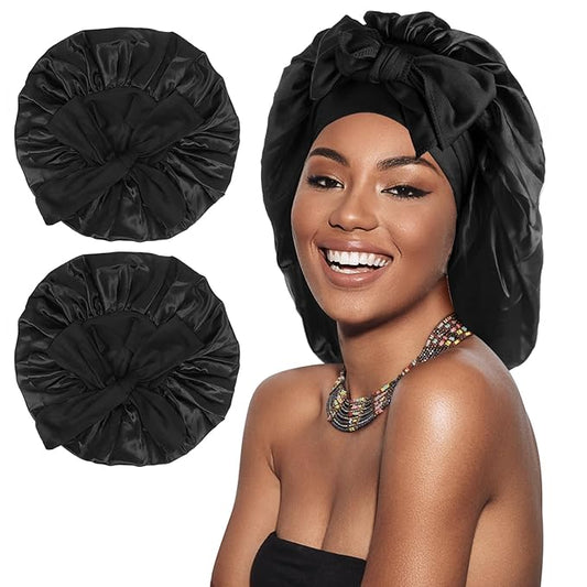 Arqumi 2 Pcs Satin Sleeping Bonnet, Large Long Strap Tie Band, Adjustable Sleep Night Cap Hair Bonnet for Women & Men, Black+Black