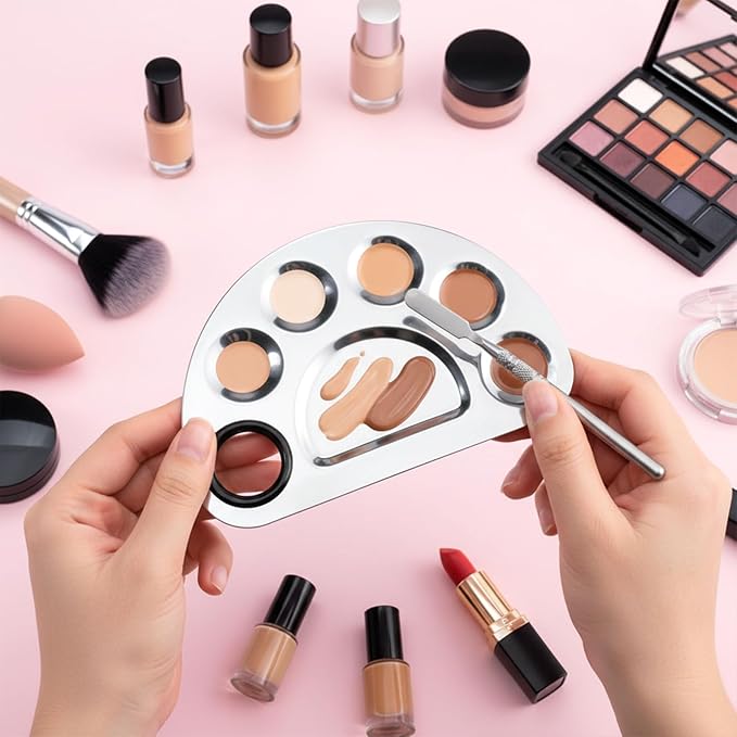 2 Set Makeup Mixing Palette with Spatula, Nail Art Palette Professional Makeup Palettes Tray Stainless Steel Cosmetic Artist Tool for Mixing Foundation Eye Shadow Eyelash Nail Art