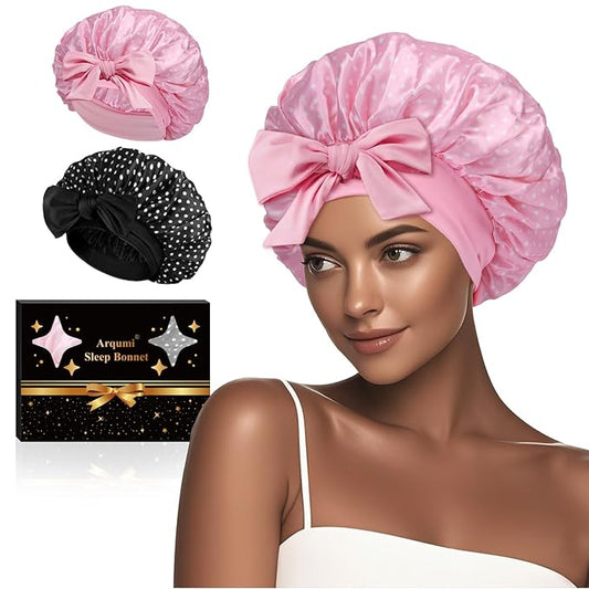 Arqumi 2 Pcs Satin Silk Bonnet for Sleeping Women, Large Long Strap Tie Band Adjustable Sleep Night Cap Curly Hair Bonnet Wrap for Braids Mother Girls Gifts, Black + Pink(Large, Polka Dot Pattern)