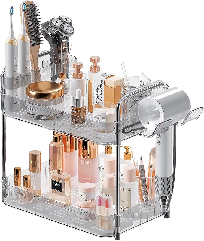 Bathroom Counter Organizer, 2 Tier Makeup Skincare Storage Tray with Hair Dryer Holder and Toothbrush Rack, Perfume Organizer Vanity Shelf for Countertop, Dresser (Transparency)