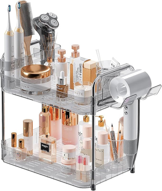 Bathroom Counter Organizer, 2 Tier Makeup Skincare Storage Tray with Hair Dryer Holder and Toothbrush Rack, Perfume Organizer Vanity Shelf for Countertop, Dresser (Transparency)