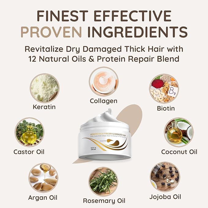 VITAMINS hair cosmetics Keratin Hair Mask Deep Conditioner for Dry Damaged Hair - Biotin, Collagen & Castor Oil Deep Conditioning, Repairs Split Ends & Restores Shine - For Thick Locks