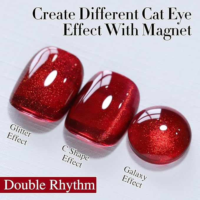 Double Rhythm Jelly Glass Cat Eye Gel Polish with Magnet 15ML Holographic Glitter Shimmer Translucent Sheer Color Magnetic Nail Polish Salon DIY at Home (Blood Red-MC1107)