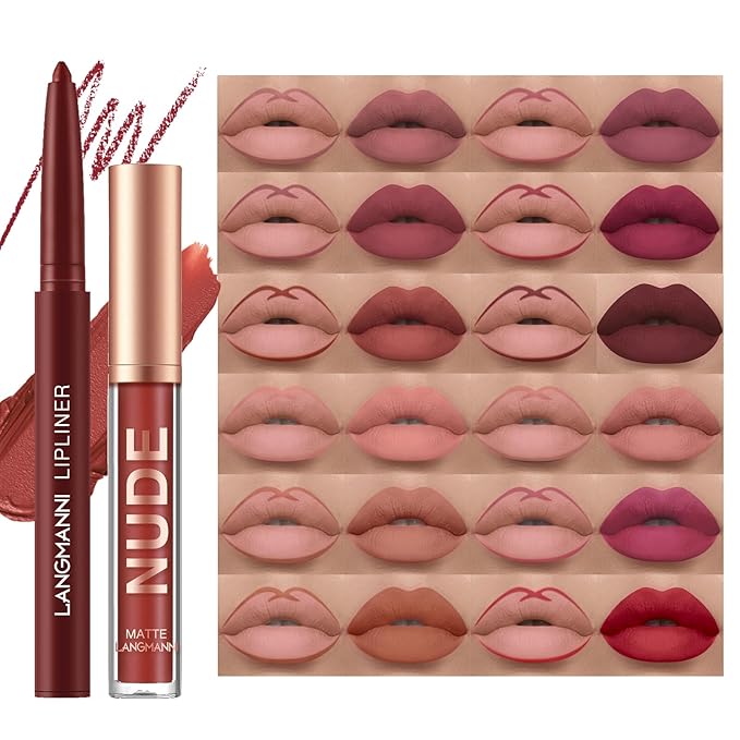 Jolilab 8Pcs Matte Lip Liner + Liquid Lipstick Set, One Step Velvety Nude Lip Stain Waterproof Long Wear High Pigment Lip Makeup Gift Set(#01+02+03+04)