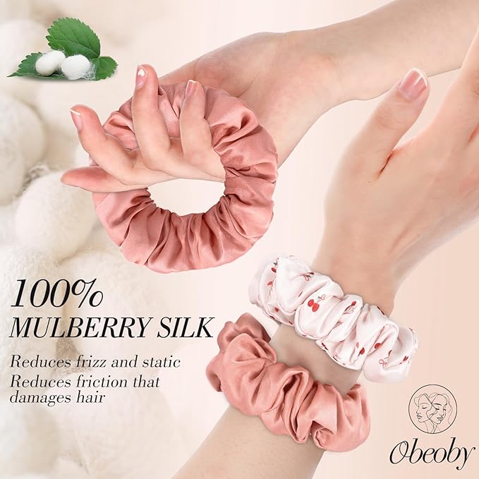 Cherry Pink Mulberry Silk Hair Scrunchies, 4Pcs Silk Hair Ties for Hair Sleep Frizz Breakage Valentine's Galentines Day Gifts