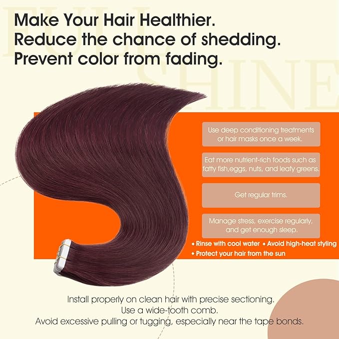 Full Shine Human Hair Extensions Tape in Color 99J Wine Red Seamless Tape in Hair Extensions Double Sided 18Inch Natural Straight Remy Skin Weft 100Gram 40Pcs Add Length for Party