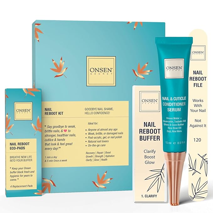 Onsen Secret Nail Care Kit - w/Cuticle Care Serum, Japanese Nail Buffer and Shine Kit - Strengthening & Shining - Spa-Quality Manicure - Organic Ingredients - Long-Lasting Shine - Easy & Safe - 1pk