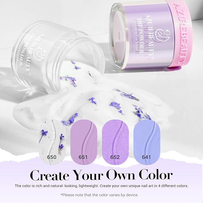 AZUREBEAUTY Purple Twilight Bloom Dip Powder Nail Kit Starter with Base, Top Coat, Activator, Spring Summer Dried Flowers for French Nails Art Manicure DIY Salon