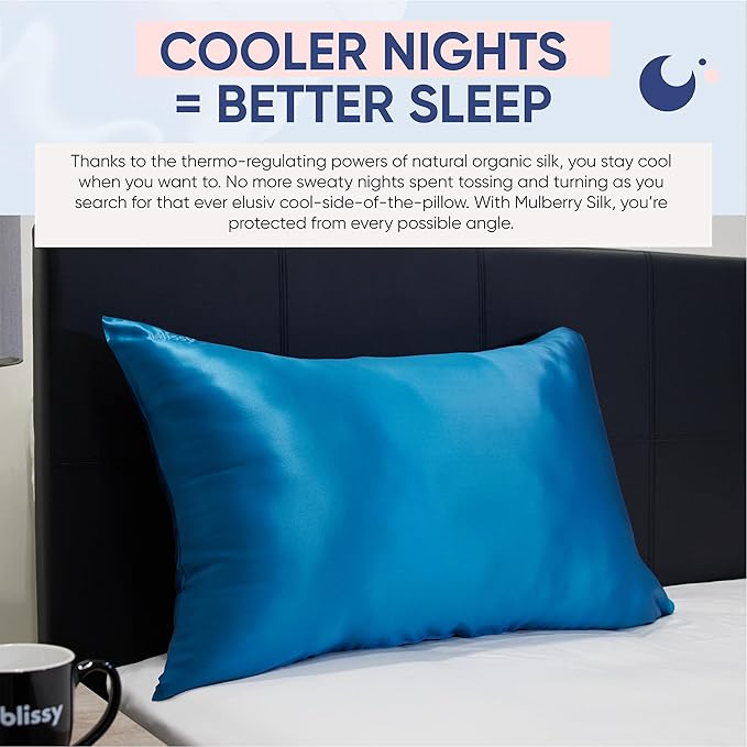 Blissy Silk Pillowcase - 100% Pure Mulberry Silk - 22 Momme 6A High-Grade Fibers - Silk Pillow Cover for Hair & Skin - Regular, Queen & King (Aqua, Standard)