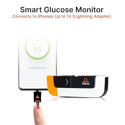 DARIO Smart Glucose Monitor Kit | Lightning Adapter (Compatible with iPhone 14 and earlier) | Test Blood Sugar Levels & Manage Diabetes, Testing Kit Includes: Glucometer with 25 Strips, 10 lancets