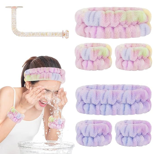 Face Wash Headband and Microfiber Wristband Set - Wrist Towels with Holder for Washing, Absorbent Spa Scrunchies