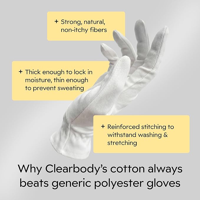 Clearbody Organics 100% Organic Cotton Gloves - 5 Pairs of White Hand Moisturizer Gloves, M - Sleeping Mitts for Dry Hands - Washable Cotton Liners for Men & Women
