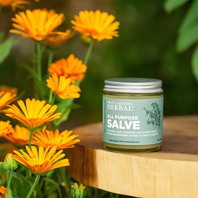 Ora's Amazing Herbal All Purpose Salve, Herbal Healing Skin Balm with Tea Tree, Natural Cream for Dry Cracked Hands, Comfrey Calendula Plantain Thyme Beeswax, Soothing Itch Relief, 4 oz