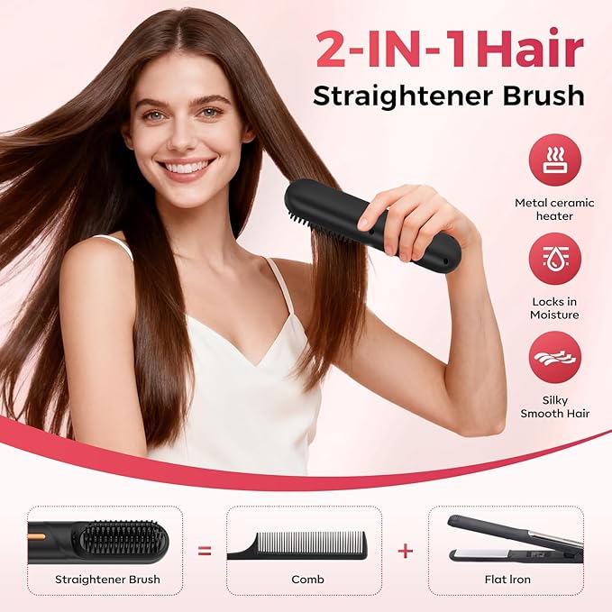 Go Brush Pro 2026 Hair Straightener Brush 300 Million Negative Ionic Portable Hair Straightener Comb for Women with 4 Temps Fast Heating MCH Ceramic Coating Smooth Frizz - Free Hair Shining Black