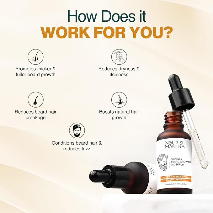 NOURISH MANTRA - Advanced Beard Growth Oil Serum | Made with Redensyl, Capilia Longa, Argan Oil, Vitamin E and Jojoba Oil for Fuller, Thicker & Healthier Beard Growth | Beard Oil Serum For Men | 30 ml