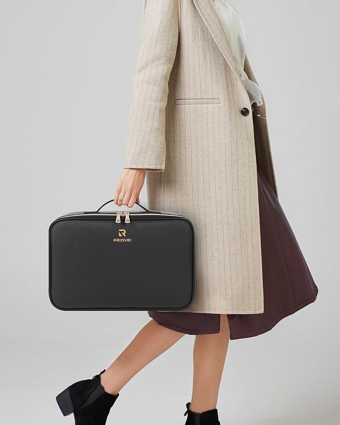 Relavel Makeup Train Case With LED Mirror, Professional Travel Cosmetic Bag with Removable Partitions, Compact Makeup Organizer with Shoulder Strap, Waterproof Travel Case for Women, Black