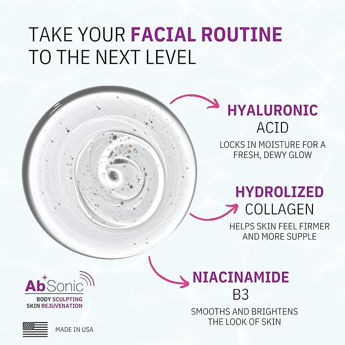 Absonic Glow Microcurrent Conductive Gel - Anti-Aging Serum Enriched with Hyaluronic Acid, Collagen, Niacinamide B3 for Facial, LED, RF & Nuface Devices - 8.5oz Bottle - Made in USA