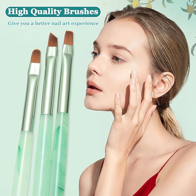 Green Nail Art Clean Up Brushes for Cleaning Polish Mistakes on the Cuticles, Acetone Resistant Nail Brush, Fingernail Cleaning Brushes for Nail Art and Designs (Round&flat&Bevel)