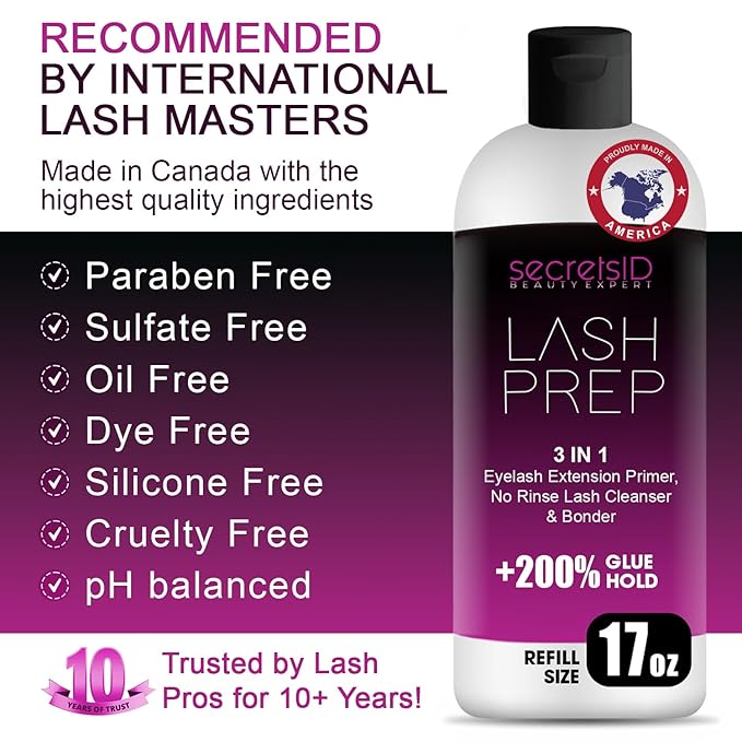 3 in 1 Eyelash Extension Primer Bulk 16 Oz - No Rinse Lash Cleanser and Bonder - Made in America Kit with 100 Wands for Lash Technicians and Brow Stylists for Optimal Retention - Bubble Gum Scent