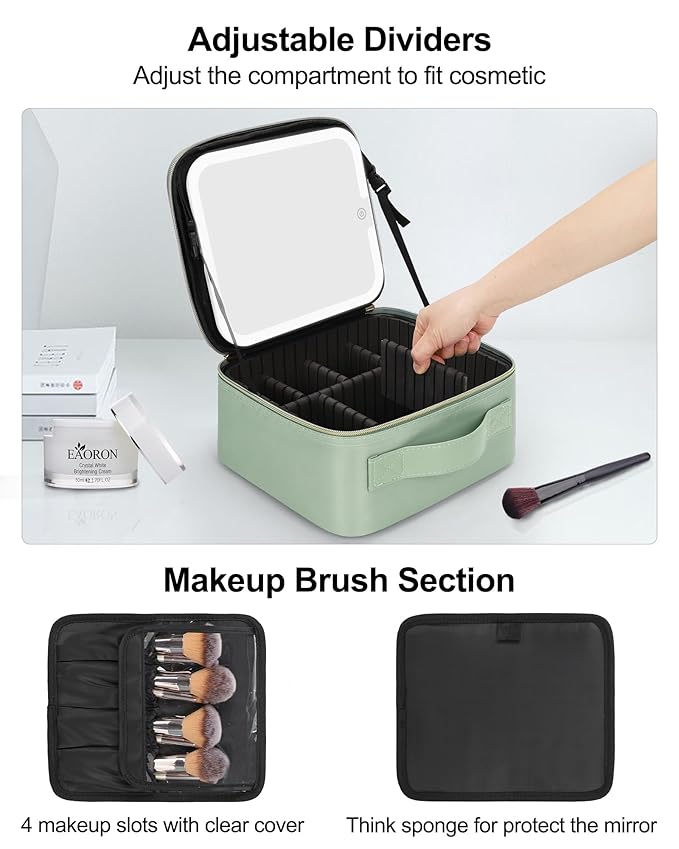 Relavel Travel Makeup Bag With LED Mirror, Portable Cosmetic Organizer Bag with Adjustable Brightness in 3 Color Scenarios, Small Train Case with Detachable Dividers for Trip- Green