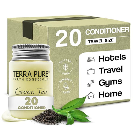 Travel Size Hotel Conditioner 20 Count 1 oz Bottles Guest Amenities for Hotels Vacation Rentals and Short Term Rentals Paraben Free Green Tea Scent Infused with Aloe and Olive Oil by Terra Pure