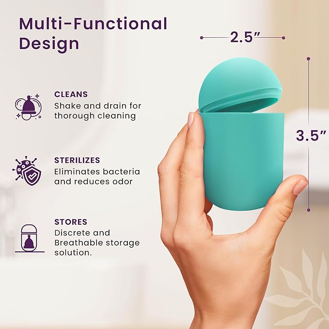 EcoBlossom Menstrual Cup Case and Sterilizer - Reusable Silicone Sterilizing Holder - Cleaner Period for You and Your Disc or Cup - Portable Cleaning Container & Microwave Steamer (Cyan)