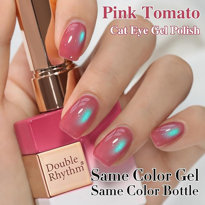 Double Rhythm Jelly Glass Cat Eye Gel Polish with Magnet 15ML Holographic Glitter Shimmer Translucent Sheer Color Magnetic Nail Polish Salon DIY at Home (Pink Teal-MC1267)