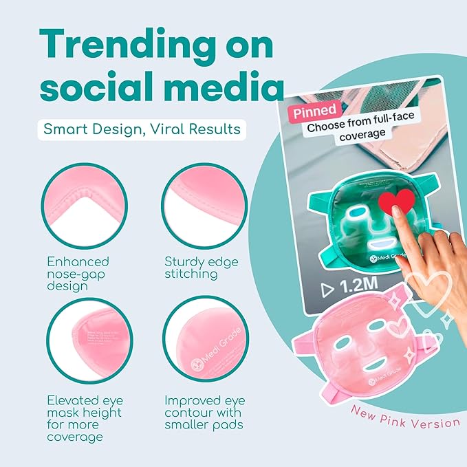 Medi Grade Cooling Ice Face Mask and Cooling Eye Mask for Puffy Eyes, Pink - Self Care Face Ice Pack with ChillGel Face Ice Mask Technology - Cooling Face Mask, Eye Pads and Bag