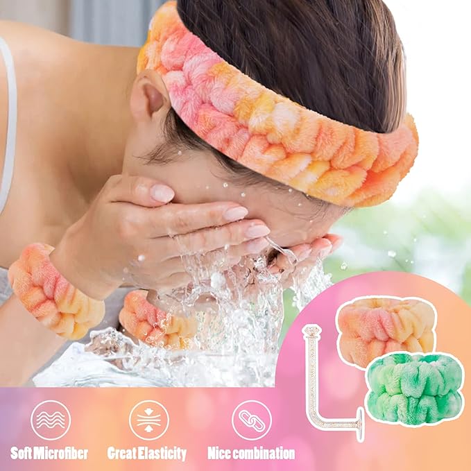 Face Wash Headband and Wristband Set of 2, Microfiber, Green and Orange, for Women, Personal Care Accessories