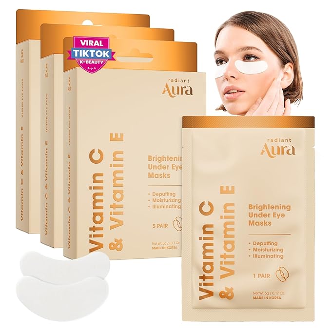 Radiant Aura Vitamin C & Vitamin E Under Eye Patches – Dermatologist Tested, Anti Aging, Korean Skin Care – Hydrates, Firms, Reduces Look Of Fine Lines, Puffiness Reducer – Vegan, Clean – 15 Pairs
