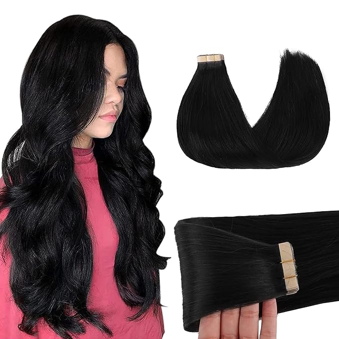 GOO GOO Tape in Hair Extensions Human Hair, 1 Jet black, 10inch 30g 20pcs, Skin Weft Seamless Invisible, Silky Straight with Thick Ends, Remy Human Hair