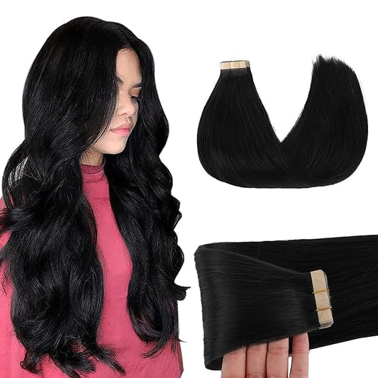 GOO GOO Tape in Hair Extensions Human Hair, 1 Jet black, 10inch 30g 20pcs, Skin Weft Seamless Invisible, Silky Straight with Thick Ends, Remy Human Hair