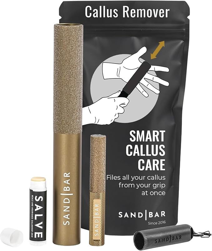 SandBar Ultimate Callus Remover Set - 4" & 8" Files with Moisturizing Salve Balm Stick - Elevating Athletes, Weightlifters & Rock Climbers for Smoother Hands & Feet - Gold (Black) (Gold Bundle)