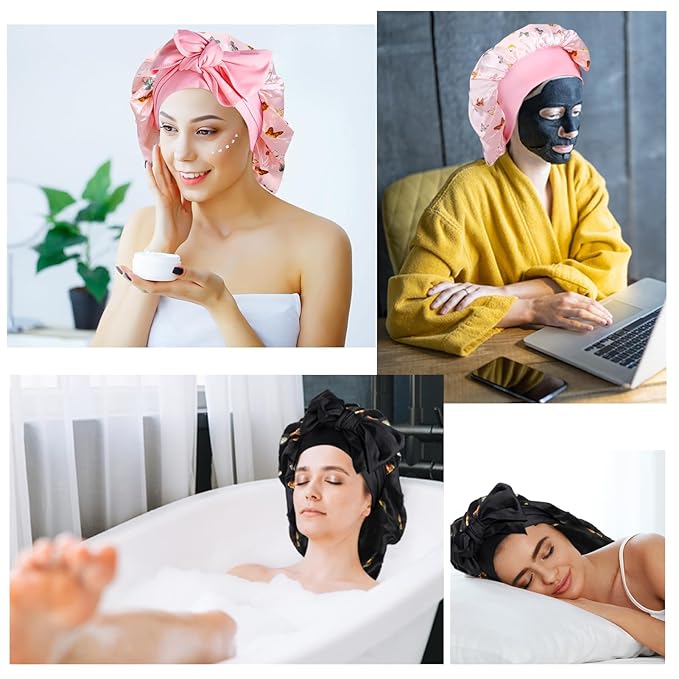 Arqumi Pack of 2 Satin Sleeping Bonnet, Large Sleep Bonnet, Long Strap, Adjustable Sleep Cap Hair Bonnet with Butterfly Pattern, Black+Pink