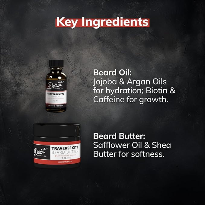 Detroit Grooming Co. Beard Oil & Beard Butter Bundle – Traverse City (Cherry & Tobacco Scent) – Beard Hydration Set with Vitamin E & Sunflower Oil