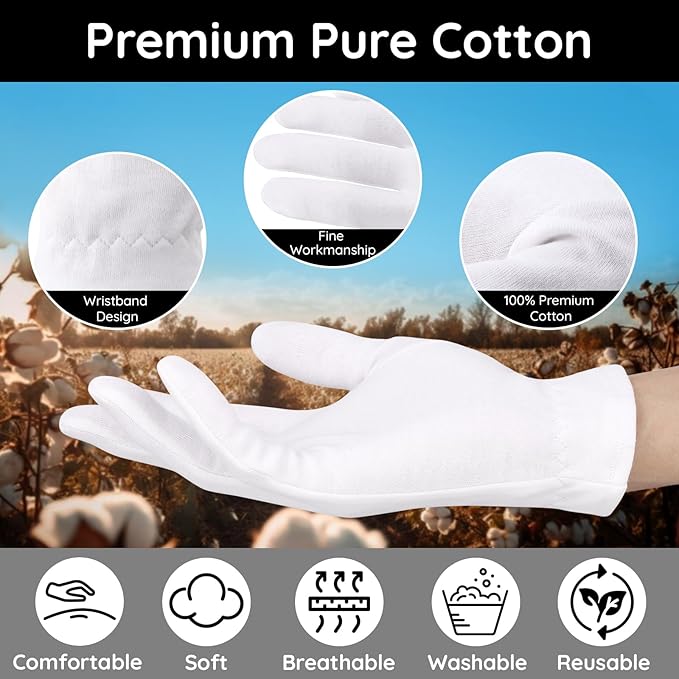 Segbeauty 12 Counts Moisturizing Hand Gloves with Elastic Band, Extra Large Lotion Gloves Overnight for Women, 6 Pairs Moisture Sleeping Gloves for Dry Hands, Thick Cotton Work Gloves for Art Handling
