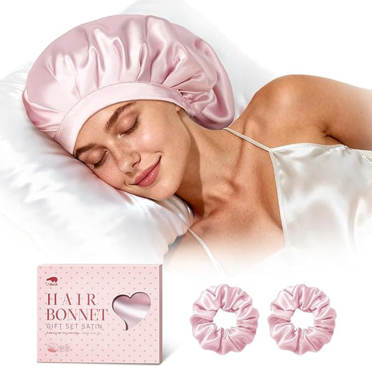 LitBear Silk Satin Bonnet for Sleeping Women, Adjustable Double Layer Hair Bonnet with Scrunchies for Curly Natural Hair, Non Slip Softer Night Sleep Cap