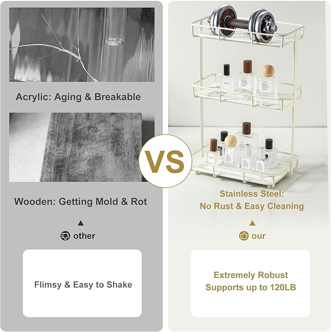 Bathroom Organizer Countertop Perfume Organizer Makeup Organizer Cosmetics Storage Display Rack Vanity Tray Dresser Stainless Steel Gold Shelf White Marble Ceramic Tray