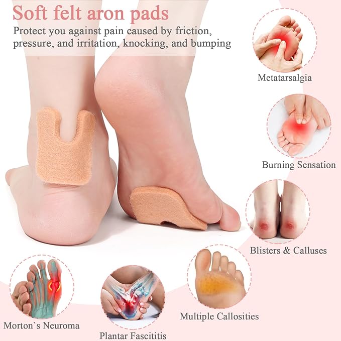 Jollidecor Callus Cushions U Shaped Felt Callus Pads Self Adhesive Foot Pads, 72Pcs Keep Calluses from Rubbing on Shoes Adhesive Pads for Men and Women, Brown