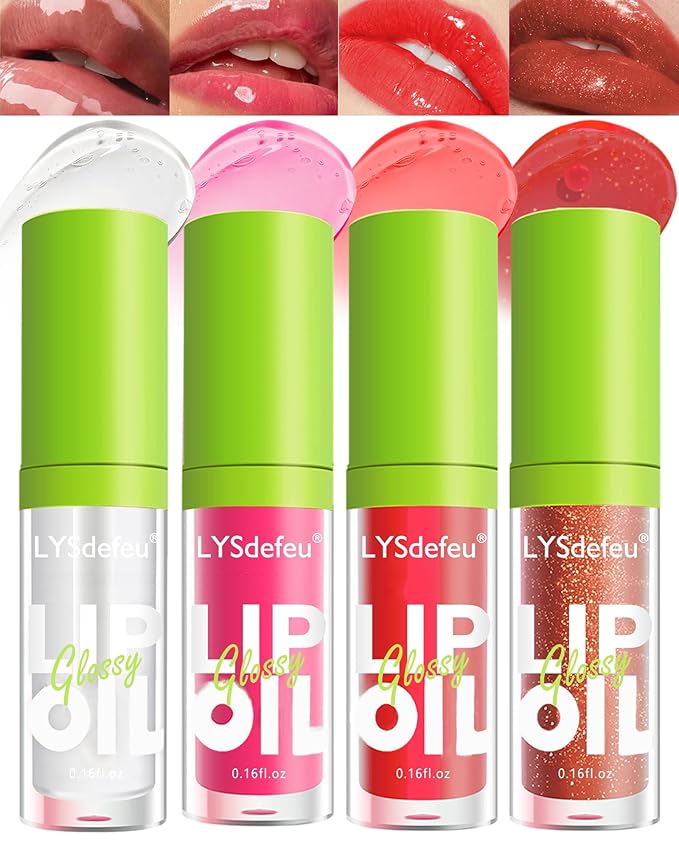 Hydrating Lip Glow Oil Kit-4 Colors Lip Oil Lip Glaze,Tinted Lipgloss Clear Pink Red Glow Reviver Tint Lip Oil Lip Stain, Non-sticky Lipstain Lip Gloss,Christmas Makeup Gift Kit for Women-Set C