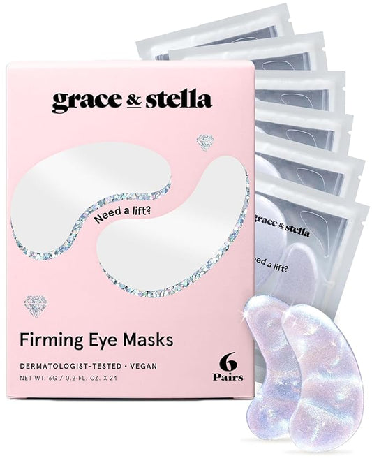 grace & stella Peptide Under Eye Patches with Niacinamide & Rice Extract - Firming Eye Masks for Dark Circles and Puffiness - Valentines Day Gift Bags - Vegan, Cruelty-Free (White, 6 Pairs)
