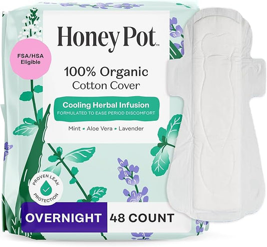 The Honey Pot Company - 48 ct - Herbal Pads for Women - Overnight w/Wings - Infused w/Essential Oils for Cooling Effect & Organic Cotton Cover - Feminine Care