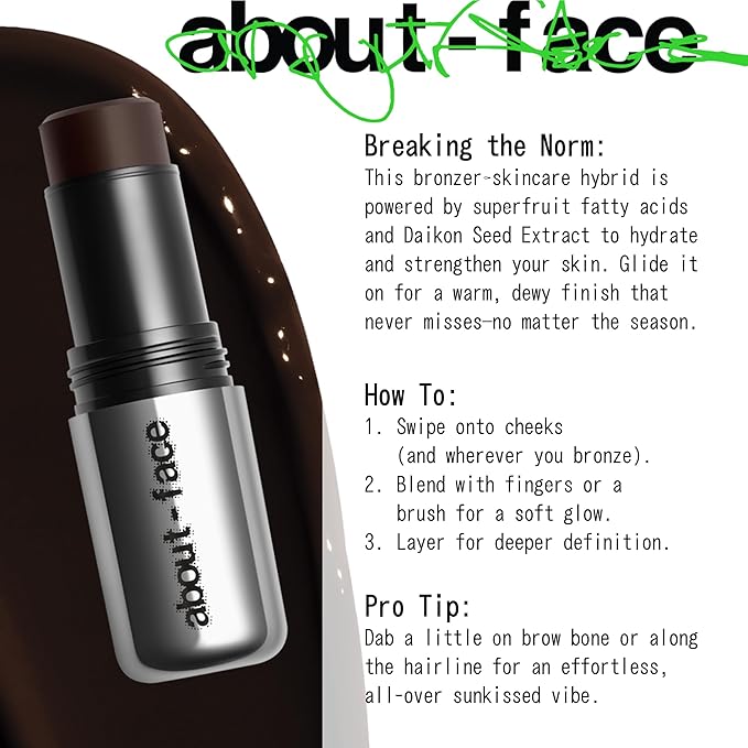 about-face Beach Freak Bronzer Stick Summer Holiday– Ultra-Creamy, Vegan Bronzer & Contour Stick with Skincare Benefits – Dewy Finish – Hydrating Formula with Daikon Seed Extract – Rich Deep