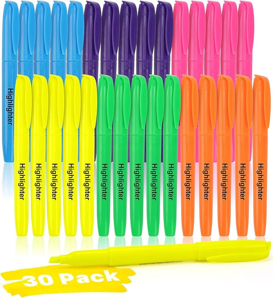 Spearlcable Highlighters, 6 Assorted Colors, Dry-Quickly, No Bleed, Chisel Tip, Bright Multi Colored Highlighter Bulk for Office 30 Pack