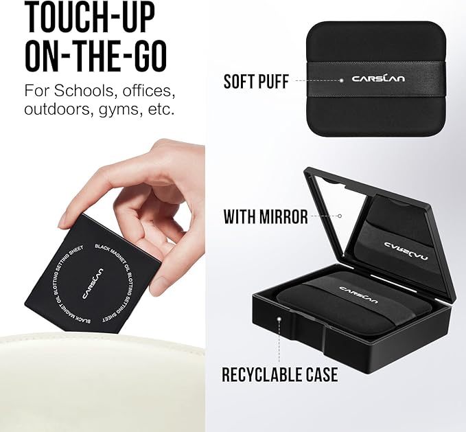 CARSLAN Makeup Blotting Paper with Powder, Black Magnet Blotting Sheet for Oily & Combination Skin, Portable Compact with Puff & Mirror, Keeps Makeup Fresh All Day, 450 Sheets + 8 Refill Adhesive Pads