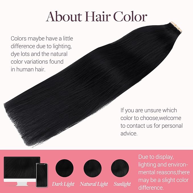 GOO GOO Tape in Hair Extensions Human Hair, 1 Jet black, 20inch 50g 20pcs, Skin Weft Seamless Invisible, Silky Straight with Thick Ends, Remy Human Hair